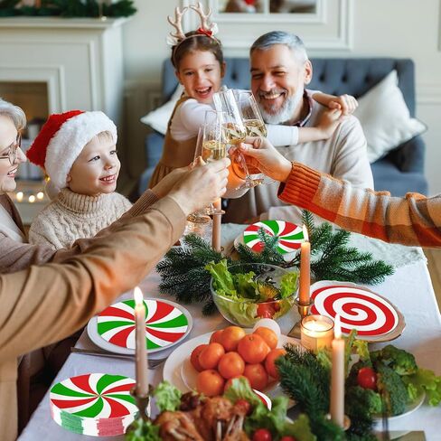 100 Pcs Christmas Candy Paper Napkins Peppermint Christmas Cocktail Napkins 6.3 x 6.3 Inch Red Green Striped Round Lollipop Paper Towels for Xmas Dinner Winter Holiday Party Supplies in Saudi Arabia
