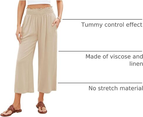 GRAPENT Capri Pants for Women High Waisted Wide Leg Linen Palazzo Trousers Pull On Elastic Smock Waist Loose Flowy Pants in Kuwait