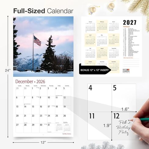 تقويم جداري من RED EMBER God Bless America 2026 لمدة 12 شهرًا | 12 بوصة × 24 بوصة مفتوح | ورق سميك وقوي | هدية | التقويم 2026 in Kuwait