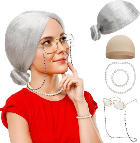Huskein 100 Days of School Costume, Old Lady Cosplay Silver Bun Wig Glasses Wig Cap Pearl Necklace Bracelet Accessories for Girls in Kuwait