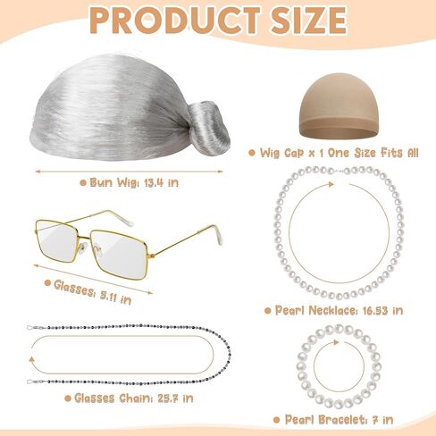 Huskein 100 Days of School Costume, Old Lady Cosplay Silver Bun Wig Glasses Wig Cap Pearl Necklace Bracelet Accessories for Girls in Kuwait