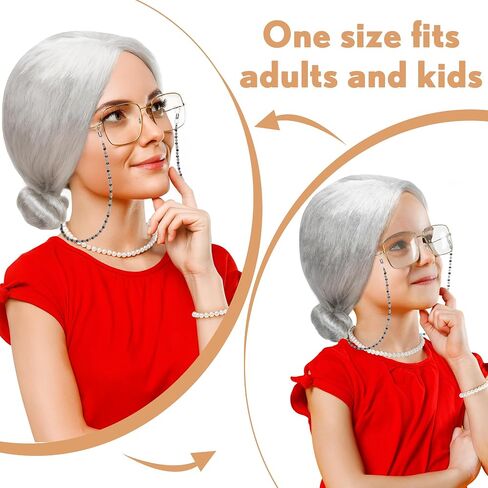 Huskein 100 Days of School Costume, Old Lady Cosplay Silver Bun Wig Glasses Wig Cap Pearl Necklace Bracelet Accessories for Girls in Kuwait