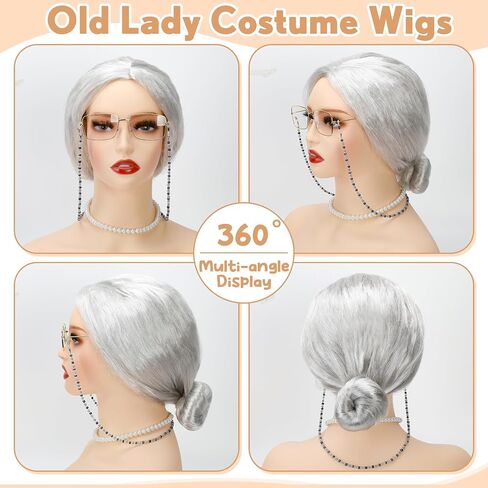 Huskein 100 Days of School Costume, Old Lady Cosplay Silver Bun Wig Glasses Wig Cap Pearl Necklace Bracelet Accessories for Girls in Kuwait