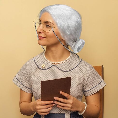 Huskein 100 Days of School Costume, Old Lady Cosplay Silver Bun Wig Glasses Wig Cap Pearl Necklace Bracelet Accessories for Girls in Kuwait