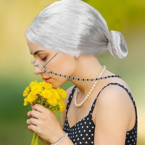 Huskein 100 Days of School Costume, Old Lady Cosplay Silver Bun Wig Glasses Wig Cap Pearl Necklace Bracelet Accessories for Girls in Kuwait