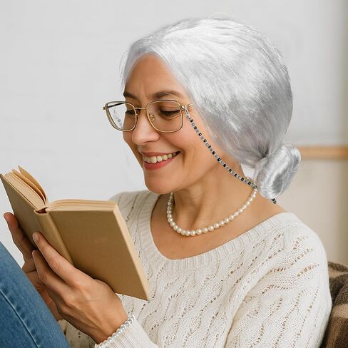 Huskein 100 Days of School Costume, Old Lady Cosplay Silver Bun Wig Glasses Wig Cap Pearl Necklace Bracelet Accessories for Girls in Kuwait