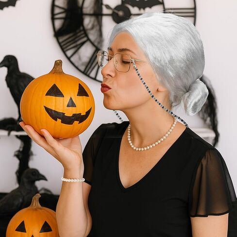 Huskein 100 Days of School Costume, Old Lady Cosplay Silver Bun Wig Glasses Wig Cap Pearl Necklace Bracelet Accessories for Girls in Kuwait