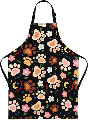 Cute Funny Dog Apron for Kids - Durable Cooking Apron with Black Background & Colorful Dog Paw Prints, Perfect for Baking, Painting, Gardening & Party Activities​ in Saudi Arabia