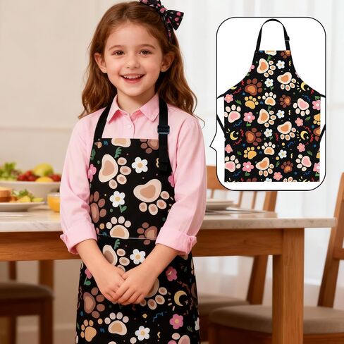 Cute Funny Dog Apron for Kids - Durable Cooking Apron with Black Background & Colorful Dog Paw Prints, Perfect for Baking, Painting, Gardening & Party Activities​ in Saudi Arabia