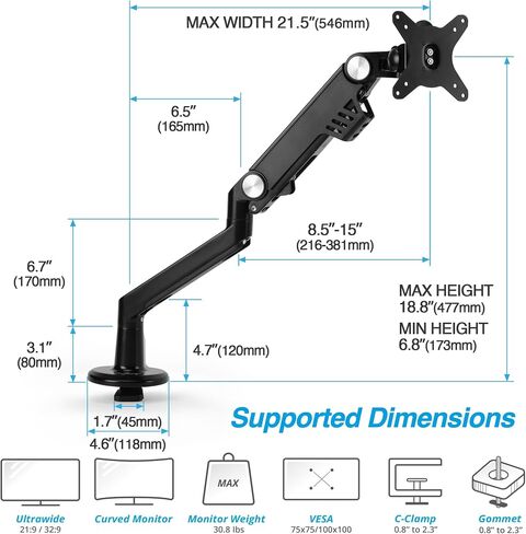 AVLT Single 13"-38" Monitor Arm Desk Mount fits One Flat/Curved/Ultrawide Monitor Full Motion Height Swivel Tilt Rotation Adjustable Monitor Arm - VESA/C-Clamp/Cable Management in Saudi Arabia