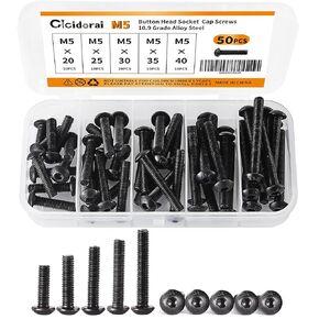 Cicidorai M5 x 8mm 12mm 16mm 20mm 25mm Button Head Socket Cap Screws Bolts, 10.9 Grade Alloy Steel, Metric Allen Hex Drive, Black Oxide Finish, Fully Threaded, Assortment Kit 50Pcs