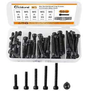 Cicidorai M5 x 8mm 12mm 16mm 20mm 25mm Button Head Socket Cap Screws Bolts, 10.9 Grade Alloy Steel, Metric Allen Hex Drive, Black Oxide Finish, Fully Threaded, Assortment Kit 50Pcs