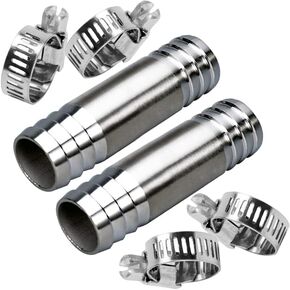 Stainless Hose Barb 5/8" Splicer Mender Union Tubing Coupling Fittings with Hose Clamps Air Water Fuel Oil (pack of 2)