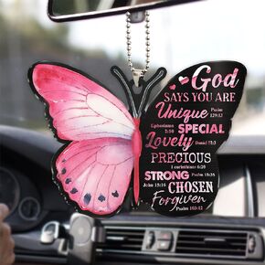 Talataca Blue Butterfly Pray for God Jesus CROS Christian 2D Flat Car Rear View Mirror Accessories Christmas Tree Ornament Decoration Hanging Charm Interior Rearview Pendant Decor Gift