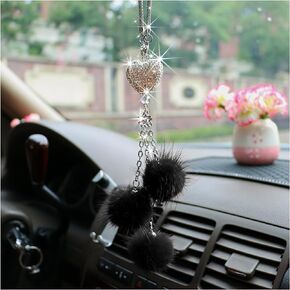 Ziciner Bling Diamond Heart Car Interior Accessories, Car Mirror Hanging Ornament for Women, Love Heart & Pink Plush Ball Decor Ornament Pendant, Car Hanging Decoration Charm Pendant (Black)