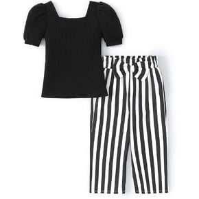PATPAT Girls Clothing Sets Square Neck Ribbed Knit Short Sleeve Tops and High-Waisted Stripes Wide-Leg Pants Outfits