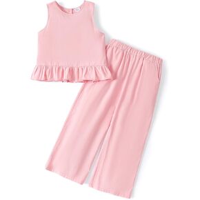 PATPAT Girls Clothing Set Linen Sleeveless Button Back Tank Crop Tops and Wide-Leg Ankle Pants with Pocket Outfits