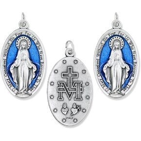 مجموعة من 3 قطع من Caritas et Fides - قلادة ميدالية معجزة من المينا الزرقاء الكبيرة - 1 3/4 بوصة من الفضة المؤكسدة مع ميداليات معجزة من المينا الأزرق للمجوهرات الكاثوليكية، صنع في إيطاليا in Kuwait