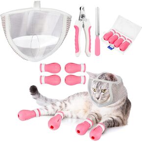 7 Pcs Cat Muzzle for Grooming Including 1 Cat Muzzle Bathing 4 Cat Boots 2 Pc Nail Clippers Trimmer Breathable Anti Bite Muzzles Boots for Cats Anti Scratch Boot for Cat Pet Grooming Shaving Bathing