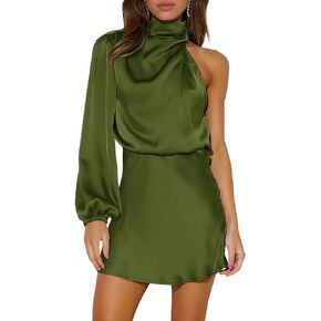 Ferlema Women's Satin Cocktail Dresses Mock Neck One Shoulder Long Sleeve High Waist Wedding Guest Mini Dresses
