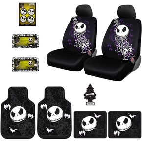 Yupbizauto New 10 Pieces Bundle Nightmare Before Christmas Jack Skellington Car Truck SUV Seat Covers Floor Mat Set with Little Tree Air Freshener Set