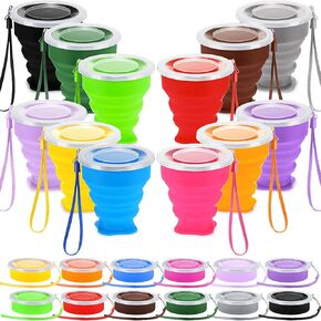 Purpeak 12 Pcs Silicone Collapsible Cup 7.04 oz Silicone Folding Camping Cup Travel Collapsible Coffee Cup Portable Foldable Cup Reusable Expandable Drinking Cup with Lids for Outdoor Hiking