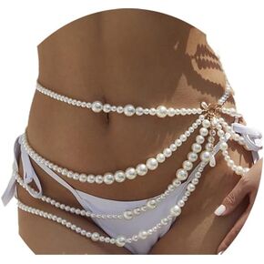 Florry Pearl Waist Chain Layered Beads Belly Chains Gold Pearl Chain Belts Body Jewelry for Women Bikini