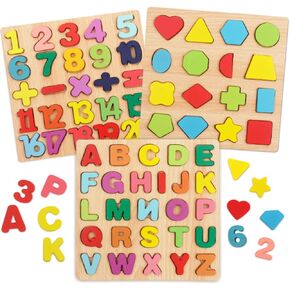 Puzzles for Toddlers,3 Pack Wooden Alphabet Number Shape ABC Name Toys for Kids 1-3 Years Old, Montessori Preschool Educational Gift Learning Letter Puzzles Toys Ages 1 2 3 4 5