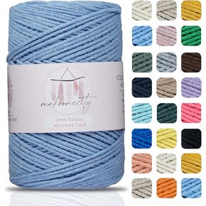 Makromecity, Cotton Macrame Cord 2mm x 195 Yards (590 feet) 2mm Recycled Cotton Crochet Yarn for Macrame Art & Crafts for Wall Hangings, Bags, Underplate, Rug (25 Colors Available) (Baby Blue)