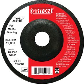 Griton DA5087 Type 27 Grinding Wheel Used on Metal, Aluminum Oxide, 12000 RPM, 5" Diameter (Pack of 25)