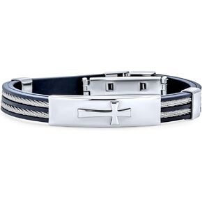 Bling Jewelry Religious Diagonal Inspirational Sideways Cross Identification ID Bracelet For Men Teens Silver Tone Stainless Steel Black Silicone Wristband Butterfly Clasp