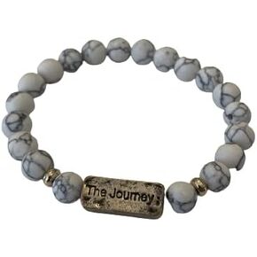 White Bead Stone Stretch Bracelet With Metal Plate Engraved "The Journey;". Inspirational Gift for Women, Girls, Metal, bead