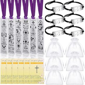 Communion Set, Include 6 Pieces First Holy Communion Blessings Bookmark 6 Pieces Retractable Cross Bracelet with Silver Charm 6 Pieces Communion Card and 6 Pieces Organza Bags for First Communion