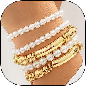 GIGB PBDK Cyberpunk Pearl Beaded Bracelet Set for Teen Girl 18K Gold Stacked Beaded Bracelet for Women Chunky Exaggerated Metal Bend Stretchable Bracelet
