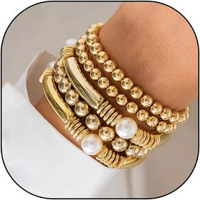 GIGB PBDK Cyberpunk Pearl Beaded Bracelet Set for Teen Girl 18K Gold Stacked Beaded Bracelet for Women Chunky Exaggerated Metal Bend Stretchable Bracelet