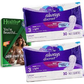 Always Discreet Light 30 Pads 3 Drop Liners for Bladder Leaks Incontinence - 2 Pack (60 Pads Total) and Vital Volumes Skin Care Tips Card - Bundle
