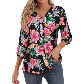 Womens 3/4 Sleeve Hawaiian Shirts V Neck Summer Floral Printed Shirt Casual Buttons Down Soft Tunic Tops