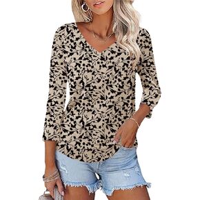 KTILG Women's V Neck T Shirts 3/4 Sleeve Blouse Summer Tops Dressy Casual Solid Basic Tees