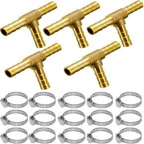 YOUHO 3/4 Brass Hose Barb Tee, 3-Way Tee Hose Fitting (3/4" tee hose connector 4 PACKS)(12pcs Included Hose clamp)