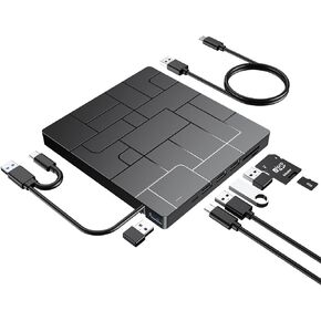Criacr External DVD Drive, USB 3.0 CD DVD Burner for Laptop with 4 USB Ports & 2 SD Card Slots & 1 Type-C Ports, CD/DVD ROM +/-RW Optical Disk Drive for Mac, PC Windows 11/10/8/7 Linux OS