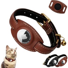 AirTag Cat Collar with Bell - Non Breakaway Leather Cat Collar with Separable Apple AirTag Holder - Lightweight Cat Tracker Collars for Girl Boy Cats, Small Dogs, Puppies (Black)