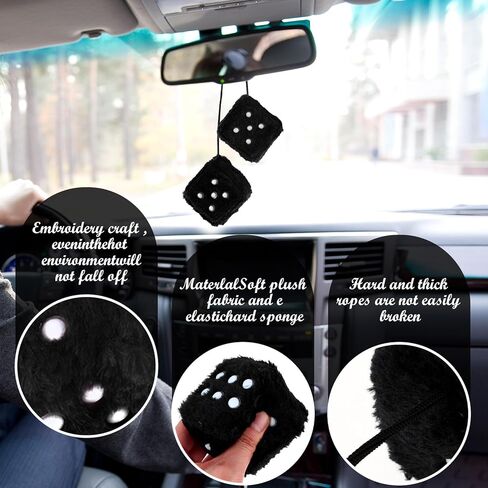 White Fuzzy Dice for Car 1 Pair Plush Dice Accessories for Rear View Mirror Retro Square Hanging Dice Car Decorations for Women(2.36 Inch) in Kuwait