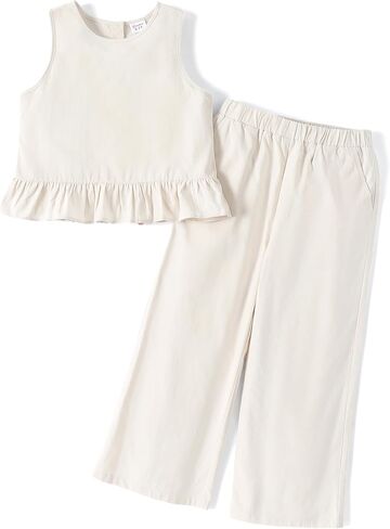 PATPAT Girls Clothing Set Linen Sleeveless Button Back Tank Crop Tops and Wide-Leg Ankle Pants with Pocket Outfits in Saudi Arabia