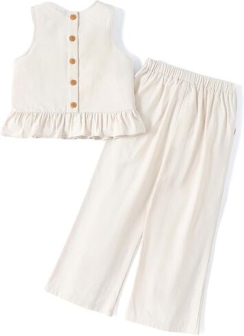 PATPAT Girls Clothing Set Linen Sleeveless Button Back Tank Crop Tops and Wide-Leg Ankle Pants with Pocket Outfits in Saudi Arabia