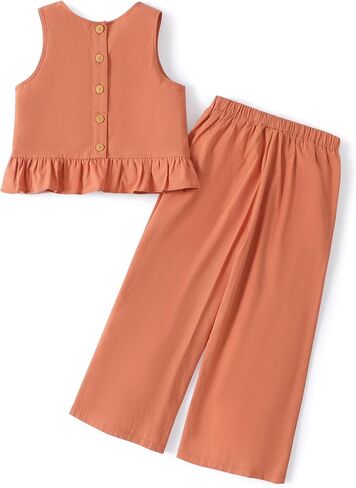 PATPAT Girls Clothing Set Linen Sleeveless Button Back Tank Crop Tops and Wide-Leg Ankle Pants with Pocket Outfits in Saudi Arabia