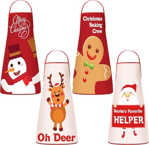 4 Pieces Kids Christmas Apron Cute Children Chef Apron Adjustable Kids Aprons for Girls Boys Toddler Snowman Deer Gingerbread Santa Apron for Kitchen Cooking Baking Crafting Painting Party Supplies in Kuwait