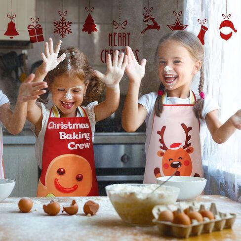4 Pieces Kids Christmas Apron Cute Children Chef Apron Adjustable Kids Aprons for Girls Boys Toddler Snowman Deer Gingerbread Santa Apron for Kitchen Cooking Baking Crafting Painting Party Supplies in Kuwait