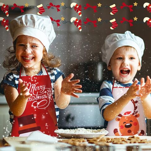 4 Pieces Kids Christmas Apron Cute Children Chef Apron Adjustable Kids Aprons for Girls Boys Toddler Snowman Deer Gingerbread Santa Apron for Kitchen Cooking Baking Crafting Painting Party Supplies in Kuwait