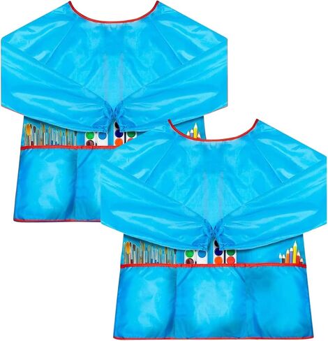 alpree 2-PACK Kids Art Smock Waterproof and Paint Repellent Long Sleeve Painting Aprons with Tight Cuffs with 3 Pockets in Saudi Arabia