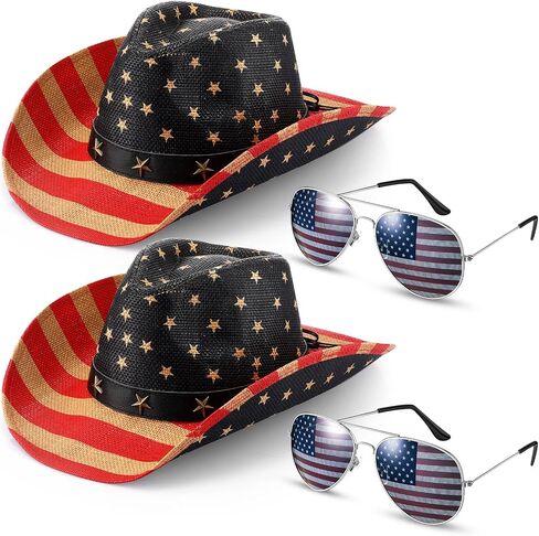 4 Pcs Memorial Day American Flag Cowboy Hat Novelty Classic Decorative Sunglasses USA Cowboy Hat Vintage American Flag Glasses for Unisex Women Men Flag Day Decoration Supplies in Saudi Arabia